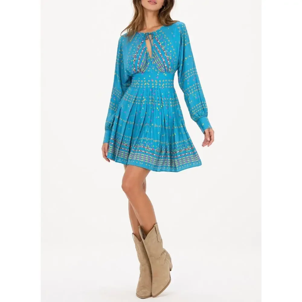 Free People Coryn Mini Dress Cherry Print Teal Blue Green Cut Out Pleated Size 4 - Picture 1 of 12